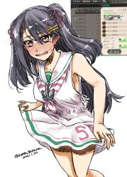 Rule 34 | anchor ornament, black hair, blush, brown eyes, clothes writing, commentary request, cosplay, dated, dress, haruna (kancolle), highres, inset, kantai collection, long hair, low-cut armhole, neckerchief, nose blush, sailor collar, sailor dress, scirocco (kancolle), scirocco (kancolle) (cosplay), sleeveless, sleeveless dress, striped neckerchief, takana shinno, twitter username, two side up, white dress, white sailor collar