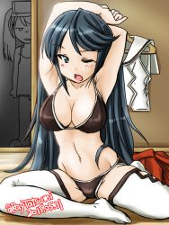 Rule 34 | 10s, 2girls, aqua eyes, armpits, arms up, black hair, bra, breast envy, breasts, cleavage, hair down, isuzu (kancolle), jitome, kantai collection, large breasts, long hair, midriff, multiple girls, navel, one eye closed, open mouth, panties, ryuujou (kancolle), stretching, tatsumi ray, thighhighs, twintails, twitter username, underwear, underwear only, very long hair, visor cap
