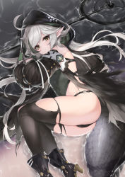 Rule 34 | 1girl, ahoge, arknights, ass, backpack, bag, bare shoulders, black footwear, black gloves, black leotard, black thighhighs, blush, boots, brown eyes, closed mouth, covered navel, crocodilian tail, detached sleeves, ehart, gloves, high heel boots, high heels, highleg, highleg leotard, knee boots, large tail, leotard, long hair, long sleeves, looking at viewer, lying, on side, pointy ears, scales, silver hair, skindentation, solo, staff, swept bangs, tail, thighhighs, tomimi (arknights), torn clothes, torn thighhighs, very long hair, water
