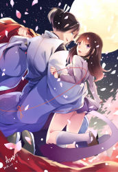 Rule 34 | 10s, 1boy, 1girl, black hair, blue eyes, brown hair, cherry blossoms, dated, full moon, highres, iki hiyori, japanese clothes, long hair, looking at viewer, looking back, moon, night, night sky, noragami, open mouth, ponytail, purple eyes, puyue, school uniform, short hair, short ponytail, signature, sky, string, string of fate, tail, yato (noragami)