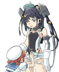 Rule 34 | 2girls, aqua headwear, black one-piece swimsuit, black ribbon, blue sailor collar, brown hair, commentary request, competition swimsuit, dress, garrison cap, gloves, grey eyes, grey hair, hair ornament, hair ribbon, hair rings, hat, height difference, highleg, highleg swimsuit, kaiboukan no. 4 (kancolle), kantai collection, long hair, low twintails, mizoki kei, multiple girls, one-piece swimsuit, punching, ribbon, sailor collar, sailor dress, sailor hat, scamp (kancolle), short shorts, shorts, side ponytail, simple background, standing, star (symbol), star hair ornament, swimsuit, twintails, white background, white dress, white gloves, white headwear, white shorts