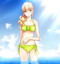 Rule 34 | 1girl, bikini, blonde hair, blush, breasts, brown eyes, cloud, colorized, fortune quest, goma azarasi, lens flare, long hair, looking at viewer, ocean, outdoors, pastel (fortune quest), ponytail, sky, small breasts, solo, swimsuit, wading