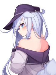 Rule 34 | 1girl, anchor symbol, animal ears, back, back focus, black hat, blue eyes, blush, flat cap, from behind, hat, head tilt, hibiki (kancolle), highres, kantai collection, long hair, long sleeves, looking at viewer, nape, neck, off shoulder, parted lips, profile, reitou mikan, sailor collar, school uniform, serafuku, silver hair, simple background, solo, tail, upper body, white background