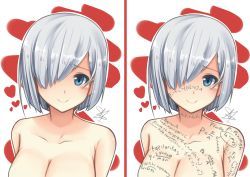 Rule 34 | 10s, 1girl, arms at sides, blush, body writing, breasts, cleavage, closed mouth, collarbone, commentary request, esencey, hair over one eye, hamakaze (kancolle), heart, highres, kantai collection, large breasts, looking at viewer, math, multiple views, short hair, signature, silver hair, smile, split screen, upper body