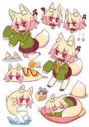 Rule 34 | 6+girls, :o, animal ear fluff, animal ears, animalization, bell, blonde hair, blush, brown footwear, cheese, chibi, closed mouth, collar, commentary, concrete, corn dog, female focus, fish, food, fox ears, fox girl, fox tail, green shirt, grey hair, hair between eyes, hair bun, hair ornament, highres, hissing, jingle bell, kemomimi-chan (naga u), kneeling, long sleeves, mini person, minigirl, mouse ears, mouse girl, mouse tail, multiple girls, naga u, neck bell, nezumimi-chan (naga u), objectification, open mouth, original, parted lips, pillow, pleated skirt, purple skirt, red eyes, ribbon-trimmed legwear, ribbon trim, shirt, simple background, single hair bun, skirt, sleeping, sleeves past fingers, sleeves past wrists, snail, sparkle, splashing, standing, tail, thighhighs, v-shaped eyebrows, water, wavy mouth, white background, white legwear