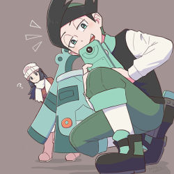 Rule 34 | 1boy, 1girl, ?, arupaka (user nkxd4384), beanie, black hair, blush, boots, bronzong, closed mouth, commentary request, creatures (company), dawn (pokemon), game freak, gen 4 pokemon, green eyes, green hair, green pants, hair ornament, hairclip, half-closed eyes, hat, leaning forward, long hair, multicolored hair, nintendo, open mouth, pants, pink footwear, pokemon, pokemon (creature), pokemon dppt, pokemon platinum, scarf, shoes, squatting, standing, teeth, thorton (pokemon), tongue, two-tone hair, white headwear, white legwear, white scarf