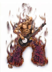 Rule 34 | 1boy, bad id, bad pixiv id, bass guitar, epic, facial hair, geta, guitar, highres, instrument, male focus, manly, mishima heihachi, muscular, mustache, old, old man, topless male, solo, tekken, utaite (aerosmith)