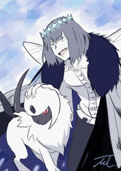 Rule 34 | 1boy, absol, absurdres, black pants, bright pupils, cloak, collarbone, creatures (company), crossover, diamond hairband, dragonfly wings, dress shirt, fate (series), fingernails, frilled shirt collar, frills, fur-trimmed cloak, fur trim, game freak, gen 3 pokemon, grey eyes, grey hair, highres, leaning forward, male focus, mmmpsychedelic138, nintendo, oberon (fate), oberon (third ascension) (fate), open mouth, pants, pokemon, pokemon (creature), red eyes, shirt, signature, teeth, upper teeth only, white pupils, white shirt