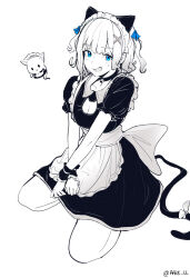 Rule 34 | 1girl, aark 22, animal ears, bell, blue eyes, blush, breasts, cat ears, cat tail, choker, cleavage, cleavage cutout, clothing cutout, hair ornament, hair ribbon, hairclip, indie virtual youtuber, jingle bell, looking at viewer, maid, maid headdress, medium breasts, medium hair, mint fantome, open mouth, ribbon, solo, spot color, sweatdrop, tail, twitter username, virtual youtuber, wrist cuffs