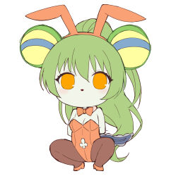 Rule 34 | 1girl, absurdres, animal ears, arms behind back, bare shoulders, bow, bowtie, breasts, brown pantyhose, cleavage, clothing cutout, club cutout, collar, detached collar, fake animal ears, full body, green hair, hair between eyes, hairband, high heels, highres, jacklyn (show by rock!!), knees up, leotard, long hair, looking at viewer, medium breasts, navel cutout, nyama, orange bow, orange bowtie, orange eyes, orange footwear, orange hairband, orange leotard, pantyhose, playboy bunny, ponytail, rabbit ears, shoes, show by rock!!, simple background, solo, squatting, strapless, strapless leotard, tadpole tail, very long hair, white background, white collar, wing collar