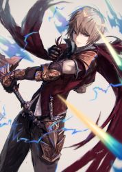 Rule 34 | 1boy, absurdres, albert (shingeki no bahamut), black pants, blonde hair, cape, closed mouth, dutch angle, gauntlets, granblue fantasy, grey background, highres, holding, holding sword, holding weapon, male focus, pants, purple eyes, rean (r ean), red cape, shingeki no bahamut, signature, smile, solo, standing, sword, weapon