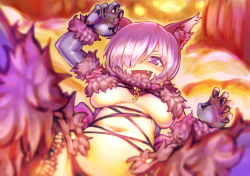Rule 34 | 1girl, animal ears, blush, breasts, elbow gloves, emoshon, fang, fate/grand order, fate (series), fur trim, gloves, hair over one eye, halloween costume, highres, large breasts, looking at viewer, mash kyrielight, mash kyrielight (dangerous beast), navel, official alternate costume, open mouth, purple eyes, purple hair, revealing clothes, short hair, solo, thighhighs, wolf ears