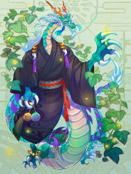 black_kimono bug dairoku_ryouhei firefly full_body furry glasses green_background green_eyes highres horns insect japanese_clothes kimono magatama orange_horns plant solo suikyou_tatsumi talisman tanim0t0 vines water_yoyo white_hair wide_sleeves