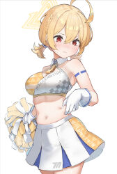 Rule 34 | 1girl, ahoge, bare arms, bare shoulders, blonde hair, blue archive, blush, braid, breasts, cheerleader, closed mouth, cowboy shot, crop top, halo, highres, holding, holding pom poms, isegawa yasutaka, kotori (blue archive), kotori (cheer squad) (blue archive), large breasts, midriff, millennium cheerleader outfit (blue archive), miniskirt, muffin top, navel, official alternate costume, pinching, pom pom (cheerleading), pom poms, red eyes, short hair, simple background, skirt, sleeveless, solo, standing, stomach, twintails, white skirt