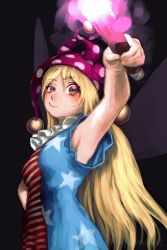 Rule 34 | 1girl, alternate eye color, american flag dress, arm up, armpits, bare arms, black background, blonde hair, blue dress, blush, breasts, brown eyes, clownpiece, commentary request, dress, envenomist (gengoroumaru), fairy wings, hair between eyes, hand on own hip, hat, highres, holding, holding torch, jester cap, long hair, looking at viewer, medium breasts, neck ruff, one-hour drawing challenge, polka dot headwear, purple hat, red dress, simple background, smile, smirk, solo, star (symbol), star print, striped clothes, striped dress, torch, touhou, uneven eyes, upper body, very long hair, wings