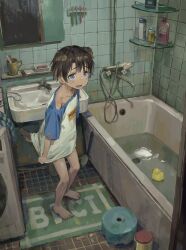 Rule 34 | 1boy, absurdres, animal ears, barefoot, bathroom, bathtub, black hair, blue eyes, collarbone, dog boy, dog ears, dog tail, fang, highres, indoors, open mouth, original, shirt, short hair, sink, solo, standing, tail, take no (xtc65 0), toes