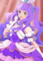 Rule 34 | 1girl, absurdres, aqua eyes, brooch, cure majesty, dress, elbow gloves, ellee-chan, gloves, highres, hirogaru sky! precure, jewelry, long hair, looking at viewer, magical girl, open mouth, precure, purple dress, purple hair, smile, solo, standing, tenma no atelier, two side up, very long hair, white gloves, wing brooch, wing hair ornament