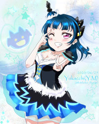 Rule 34 | 1girl, artist name, artist request, bare shoulders, black feathers, black legwear, blue feathers, blue hair, blue scrunchie, blush, breasts, cleavage, collarbone, double v, feather hair ornament, feathers, female focus, frilled sleeves, frills, fur trim, hair bun, hair ornament, hair scrunchie, highres, long hair, looking at viewer, love live!, love live! school idol festival, love live! sunshine!!, medium breasts, minami yuka (kimikoko thanks), minami yuka (pixiv), neon trim, one eye closed, pleated skirt, purple eyes, scrunchie, single hair bun, single sleeve, skirt, small breasts, smile, solo, tsushima yoshiko, v, v over eye, water blue new world, white feathers, white scrunchie