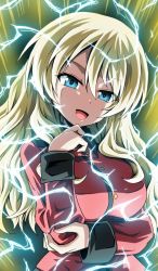 Rule 34 | 1girl, absurdres, alternate hairstyle, aura, blonde hair, blue eyes, commentary, darjeeling (girls und panzer), dragon ball, dragonball z, electricity, epaulettes, girls und panzer, hair down, half-closed eyes, hand on own elbow, highres, jacket, kamishima kanon, long hair, long sleeves, looking at viewer, military, military uniform, open mouth, red jacket, smirk, smug, solo, st. gloriana&#039;s military uniform, standing, super saiyan, super saiyan 2, uniform