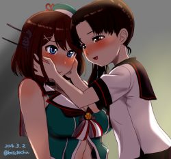 Rule 34 | 10s, 2girls, after kiss, ayanami (kancolle), bare shoulders, blue eyes, blush, breasts, brown hair, cleavage, dated, hair ornament, hairclip, hands on another&#039;s cheeks, hands on another&#039;s face, hat, headgear, kantai collection, katou techu, large breasts, long hair, looking at another, maya (kancolle), midriff, multiple girls, open mouth, remodel (kantai collection), saliva, saliva trail, school uniform, serafuku, short hair, short sleeves, side ponytail, sleeveless, smile, twitter username, yuri
