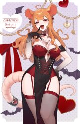 Rule 34 | 1girl, absurdres, ahoge, animal ears, bat (animal), black dress, black skin, breasts, chest tattoo, colored skin, commission, corset piercing, cross-laced clothes, dress, earrings, garter straps, half-closed eyes, hand on own hip, heart, heart ahoge, highres, jewelry, long hair, medium breasts, mole, mole under mouth, mouse ears, mouse girl, mouse tail, multicolored skin, necklace, orange hair, original, pomichang, red eyes, solo, tail, tail ornament, tail ring, tattoo, thighhighs, two-tone skin