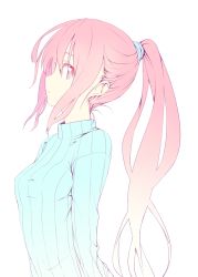 Rule 34 | 1girl, breasts, closed mouth, female focus, long hair, long sleeves, looking at viewer, medium breasts, nirap, original, pale color, pink eyes, pink hair, ponytail, profile, ribbed sweater, sidelocks, simple background, solo, sweater, white background