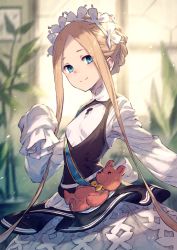 Rule 34 | 1girl, abigail williams (fate), abigail williams (festival outfit) (fate), apron, black skirt, blonde hair, blue eyes, bow, butterfly hair ornament, fate/grand order, fate (series), hair ornament, heroic spirit chaldea park outfit, highres, key, kusano shinta, long hair, looking at viewer, maid, maid apron, maid headdress, official alternate costume, orange bow, plant, skirt, sleeves past fingers, sleeves past wrists, solo, stuffed animal, stuffed toy, teddy bear, white bow
