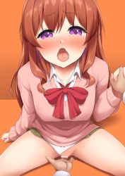 Rule 34 | 1girl, absurdres, arm at side, bar censor, blush, bow, bowtie, breasts, brown hair, censored, clothes lift, clothing aside, collared shirt, commentary request, fingering, green skirt, hand up, highres, holding hands, interlocked fingers, koufuku graffiti, long hair, long sleeves, machiko ryou, medium breasts, open mouth, orange background, panties, panties aside, pink sweater, purple eyes, red bow, red bowtie, school uniform, shirayuiii, shirt, simple background, sitting, skirt, skirt lift, solo focus, spread legs, straight hair, sweat, sweater, tearing up, underwear, white panties, white shirt, wing collar