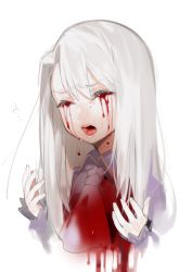 Rule 34 | 1girl, ascot, bad id, bad pixiv id, blood, blood on clothes, blood on face, bloody tears, close-up, closed eyes, d:, fate/zero, fate (series), hair between eyes, hands up, highres, illyasviel von einzbern, long sleeves, ohisashiburi, open mouth, simple background, solo, spoilers, white background, white hair