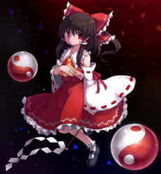 Rule 34 | 1girl, ascot, bow, brown hair, detached sleeves, frilled skirt, frills, gohei, hair bow, hair tubes, hakurei reimu, highres, mary janes, ofuda, orb, petals, red eyes, ribbon-trimmed sleeves, ribbon trim, rizento, shoes, skirt, sky, star (sky), starry sky, touhou, yin yang