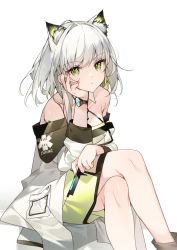Rule 34 | 1girl, animal ear fluff, animal ears, arknights, bare legs, bare shoulders, closed mouth, crossed legs, dress, feet out of frame, green dress, green eyes, head rest, highres, holding, holding needle, kal&#039;tsit (arknights), kamiowl, lab coat, looking at viewer, material growth, needle, off shoulder, oripathy lesion (arknights), pocket, russian text, short hair, simple background, sitting, solo, translated, watch, white background, white hair, wristwatch