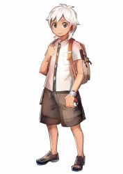 Rule 34 | 1boy, backpack, bag, brown eyes, brown shorts, creatures (company), dark-skinned male, dark skin, elio (pokemon), full body, game freak, geetgeet, holding, holding poke ball, looking at viewer, male focus, nintendo, poke ball, pokemon, pokemon sm, shoes, short hair, shorts, simple background, smile, sneakers, solo, swept bangs, white background, white hair, z-ring