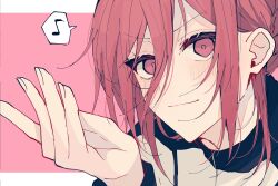 Rule 34 | 1boy, blue lock, chigiri hyoma, closed mouth, hand up, highres, jacket, long hair, long sleeves, looking at viewer, male focus, musical note, natsuneco 02, pink background, portrait, red eyes, red hair, smile, solo, speech bubble, v-shaped eyebrows, white jacket