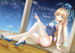 Rule 34 | 1girl, animal ears, bare shoulders, blonde hair, blue archive, blue eyes, blue footwear, blue hair, blue halo, blue leotard, blunt bangs, braid, cityscape, collar, detached collar, fake animal ears, fake tail, french braid, full body, halo, high heels, highres, indoors, leotard, looking at viewer, official alternate costume, playboy bunny, rabbit ears, rabbit tail, rayleigh scale, shiny clothes, shiny skin, sitting, smile, solo, tail, thighhighs, toki (blue archive), toki (bunny) (blue archive), v, white collar, white thighhighs, white wrist cuffs, wrist cuffs