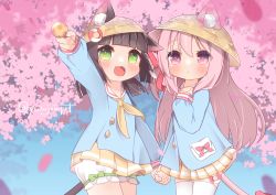 Rule 34 | 2girls, absurdres, animal ear fluff, animal ears, arm up, artist name, azur lane, bloomers, blue shirt, blunt bangs, blush, brown hair, candy, cat ears, cat girl, cat tail, cherry blossoms, child, fang, flower, food, green eyes, hand on own chest, hat, highres, holding hands, kindergarten uniform, kisaragi (azur lane), lollipop, long hair, low twintails, multiple girls, mutsuki (azur lane), open mouth, outdoors, outstretched arm, petals, pink eyes, pink hair, ribbon, school hat, shirt, short hair, side ponytail, skirt, smile, tail, thighhighs, tree, twintails, underwear, white bloomers, white legwear, yellow headwear, yellow skirt, yuzujampot