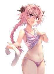 Rule 34 | 1boy, :d, absurdres, astolfo (fate), bare arms, bare shoulders, bow, brown bow, clothes lift, collarbone, cowboy shot, fang, fate (series), hair bow, head tilt, highres, holding, holding towel, lifting own clothes, long hair, looking at viewer, male focus, navel, open mouth, panties, pink hair, pink panties, pink ribbon, purple eyes, ribbon, shiny skin, shirt lift, side-tie panties, smile, solo, stomach, striped clothes, striped panties, sweat, tareme, thighhighs, towel, trap, underwear, very long hair, yougenko