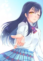 Rule 34 | 1girl, absurdres, blowing kiss, blue hair, blush, bow, bowtie, commentary request, dress shirt, hair between eyes, heart, heart-shaped pupils, highres, kobayashi nyoromichi, long hair, long sleeves, looking at viewer, love live!, love live! school idol project, one eye closed, otonokizaka school uniform, parted lips, pleated skirt, pointing, pointing at viewer, red bow, red bowtie, school uniform, shirt, simple background, skirt, solo, sonoda umi, striped bow, striped bowtie, striped clothes, striped neckwear, symbol-shaped pupils, white shirt, yellow eyes