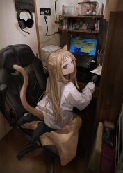 Rule 34 | 1girl, animal ear fluff, animal ears, blonde hair, cat ears, cat girl, cat tail, chair, closed mouth, computer, from behind, green eyes, headphones, highres, indoors, computer keyboard, komenomoku, long hair, long sleeves, looking back, monitor, computer mouse, no shoes, original, shirt, sitting, sleeves past wrists, solo, tail, white shirt, wooden floor