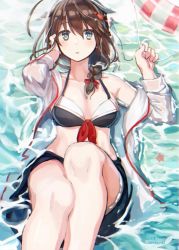 Rule 34 | 1girl, adapted costume, ahoge, bikini, black bikini, black hair, black sarong, blue eyes, braid, commentary request, hair flaps, hair ornament, hair over shoulder, jacket, kantai collection, lifebuoy, looking at viewer, open clothes, open jacket, oshiba (oshiba1103), partially submerged, sarong, shigure (kancolle), shigure kai ni (kancolle), single braid, solo, swim ring, swimsuit, water, white jacket