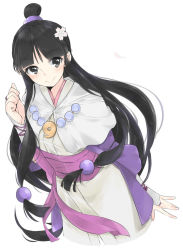Rule 34 | 1girl, ace attorney, black eyes, black hair, flower, hair flower, hair ornament, half updo, highres, japanese clothes, jewelry, kimono, long hair, low-tied long hair, magatama, maya fey, necklace, pearl necklace, phoenix wright: ace attorney - spirit of justice, sash, sidelocks, smile, solo, tomo futoshi