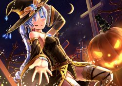 Rule 34 | 1girl, :p, animal print, bad id, bad pixiv id, bat print, black cat, black dress, blue eyes, blue hair, blush, breasts, broom, broom riding, cat, cowboy shot, crescent moon, detached sleeves, dress, drill hair, garter straps, glowing, graveyard, halloween, hand on headwear, hat, jack-o&#039;-lantern, long dress, long hair, looking at viewer, matching hair/eyes, moon, night, night sky, nosa, one eye closed, original, outdoors, outstretched hand, pumpkin, sky, small breasts, solo, tattoo, thighhighs, tombstone, tongue, tongue out, white thighhighs, witch, witch hat