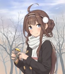 Rule 34 | 10s, 1girl, ahoge, alternate costume, alternate headwear, blush, brown hair, casual, day, eating, enosan, eyebrows, food, grey eyes, hair bun, hairband, highres, kantai collection, kongou (kancolle), long hair, looking at viewer, md5 mismatch, outdoors, resized, resolution mismatch, roasted sweet potato, scarf, sidelocks, single hair bun, solo, source larger, sweet potato, tree, upper body, white scarf, winter clothes
