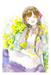 Rule 34 | 1girl, apron, braid, brown hair, closed eyes, dress, facing viewer, flower, french braid, frilled apron, frills, happy, long hair, moekon, open mouth, original, painting (medium), puffy sleeves, purple dress, rapeseed blossoms, ribbon, short sleeves, smile, solo, traditional media, twin braids, watercolor (medium), white apron, yellow flower