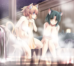 Rule 34 | 2girls, ahoge, animal ear fluff, animal ears, blonde hair, blue eyes, blush, breasts, bush, cat ears, cat tail, censored, censored nipples, cleavage, collarbone, convenient censoring, dot nose, green hair, holding, holding towel, leaning forward, legs together, light, milk (tonpuu), multiple girls, navel, nude, onsen, original, parted bangs, pudding (tonpuu), rock, sidelocks, sitting, sky, smile, star (sky), starry sky, steam, steam censor, tail, tonpuu, towel, water, waterfall, yellow eyes