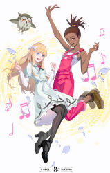 Rule 34 | 2girls, :d, absurdres, animal, ankle strap, aqua ribbon, arm up, bare arms, bare shoulders, beamed eighth notes, beamed sixteenth notes, bebai, bird, black footwear, black neckwear, blonde hair, blue eyes, blunt bangs, blush, boots, breasts, brown eyes, brown footwear, brown hair, carole &amp; tuesday, carole stanley, circle, collarbone, collared dress, commentary, copyright name, cross-laced footwear, dark-skinned female, dark skin, dress, earrings, eighth note, english commentary, eyelashes, fingernails, floating hair, flower, flying, freckles, frilled sleeves, frills, full body, green dress, grey legwear, hair ribbon, hands up, happy, high heels, high ponytail, highres, hoop earrings, jewelry, juliet sleeves, jumping, knees together feet apart, legs together, legs up, lips, long hair, long sleeves, looking at viewer, multiple girls, musical note, necktie, open mouth, overalls, owl, pantyhose, petals, pink overalls, ponytail, puffy sleeves, quarter note, red flower, red rose, ribbon, rose, shaded face, shirt, short dress, simple background, sleeves past wrists, small breasts, smile, strapless, striped clothes, striped legwear, striped pantyhose, tareme, teeth, treble clef, tuesday simmons, two-tone background, upper teeth only, vertical-striped clothes, vertical-striped pantyhose, very dark skin, white background, white ribbon, white shirt, ziggy (carole &amp; tuesday)