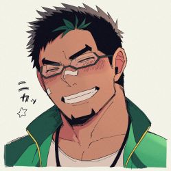 Rule 34 | 1boy, bandaid, bandaid on face, bandaid on nose, black hair, blush, closed eyes, collarbone, facial hair, glasses, goatee, green eyes, hanako (hanahanako03), jewelry, kyoichi (live a hero), live a hero, male focus, multicolored hair, necklace, pectorals, portrait, short hair, sideburns, smile, solo, streaked hair, teeth, upper body, white background