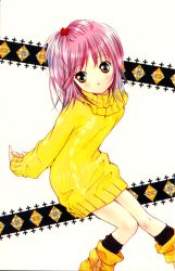 Rule 34 | 1girl, black socks, boots, bottomless, breasts, brown eyes, brown footwear, full body, hinamori amu, knee boots, kneehighs, long sleeves, no pants, official art, pink hair, scan, short hair, shugo chara!, simple background, small breasts, socks, solo, sweater, turtleneck, white background, yellow eyes