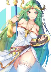 Rule 34 | 1girl, ancient greek clothes, bare shoulders, blush, breasts, chiton, green eyes, green hair, highres, jewelry, kid icarus, large breasts, legs, long hair, looking at viewer, neck ring, nintendo, no panties, palutena, parted bangs, racket ti1, simple background, smile, solo, staff, super smash bros., thighhighs, thighs, tiara, very long hair