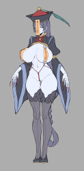 Rule 34 | 1girl, absurdres, alternate costume, bai linqin, black footwear, blue skin, breasts, breasts out, closed eyes, closed mouth, colored skin, covered erect nipples, fate (series), feathers, fingernails, grey background, grey thighhighs, hat, hat feather, highres, jiangshi, large breasts, long fingernails, long hair, long sleeves, minamoto no raikou (fate), nail polish, navel, ofuda, ofuda on head, ofuda on nipples, open clothes, pasties, qingdai guanmao, red hat, red nails, revealing clothes, simple background, solo, standing, talisman, thighhighs, very long fingernails, very long hair, wide sleeves