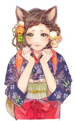 Rule 34 | 1girl, animal ears, brown eyes, brown hair, curly hair, dog ears, dog girl, dog tail, flower, hair flower, hair ornament, highres, japanese clothes, kimono, looking at viewer, original, ribbon, ryousuke (tukr5384), short hair, simple background, smile, solo, tail, white background